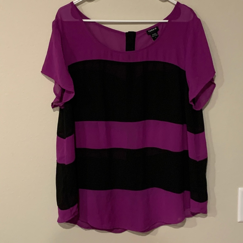 Purple and Black Color Block Sheer Blouse